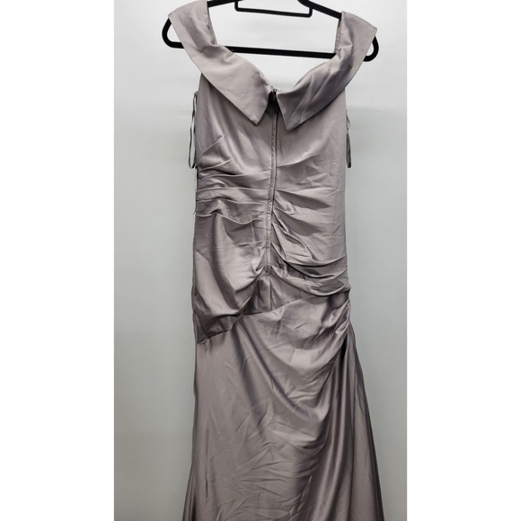 La Femme Off The Shoulder Ruched Satin Trumpet Gown - Picture 6 of 12